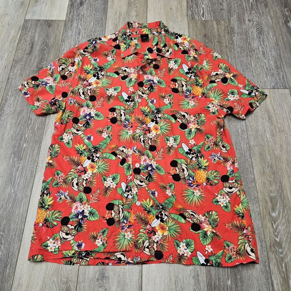 Disney Shirt Red Hawaiian Short Sleeve Mickey Pineapple Button Up Shirt Men's XL